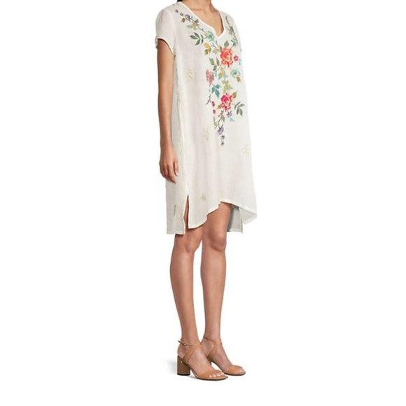 Johnny Was Adele Drape Tunic Dress Floral Embroidery Flowers White Ramie New - Picture 4 of 7